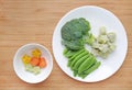 Raw of vegetables baby food broccoli and sweet pea in white plate with frozen mashed baby food homemade in white ceramic bowl on Royalty Free Stock Photo