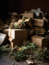 A raw weed blooming in the middle of a pile of discarded cardboard boxes.. AI generation