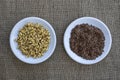 Raw wheat germ and flax seeds on two plates Royalty Free Stock Photo