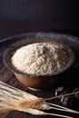 Raw wheat germ in the metal bowl on wooden background. Royalty Free Stock Photo