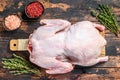 Raw whole duck. Dark wooden background. Top view