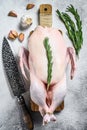 Raw whole goose, poultry meat. Black background. Top view