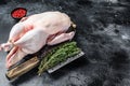 Raw whole goose, poultry meat. Black background. Top view. Space for text