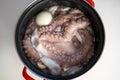 Raw whole octopus in a pot, being prepared for cooking. Top view, no people