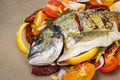 Raw whole sea bream fish and vegetables ingredients Royalty Free Stock Photo