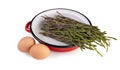 Raw wild asparagus bunch in an old red enamel pot Royalty Free Stock Photo