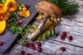 Raw wild mushrooms chanterelles on old wooden background. Vegetarian healthy product. Healthy lifestyle Royalty Free Stock Photo