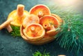 Raw wild Saffron milk cap mushrooms on dark old rustic background. Lactarius deliciosus, Rovellons, Niscalos mushroom Royalty Free Stock Photo