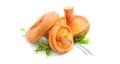 Raw wild Saffron milk cap mushrooms isolated on white background. Lactarius deliciosus, Rovellons, Niscalos mushroom closeup