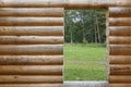 Raw wooden cabin interior in finnish countryside landscape Royalty Free Stock Photo