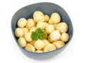 Raw yellow young potatoes without skin with parsley in bowl Royalty Free Stock Photo