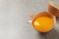 Raw yolk in broken chicken eggshell on light grey table, closeup. Space for text