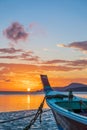 Rawai beach with andaman long tailed boat southern of thailand on clear sea water with sun shine in phuket