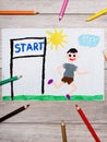 Rawing: boy starting the run. Inscription START and smiling, Royalty Free Stock Photo