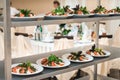 Raws of tomatoes mozzarella salad in white plate with homemade chees and ingredients on a metal rack Royalty Free Stock Photo