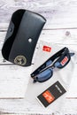 Ray Ban sunglasses and leather glasses case with brand logo Royalty Free Stock Photo