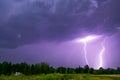 Ray. Lightning storm. Lightning bolt storm. Fork lightning striking. Lightning thunderstorm Royalty Free Stock Photo