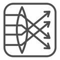 Ray paths in convex lens line icon, optical equipment concept. Vector graphics. Focus, lens and arrows in square sign on