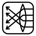 Ray paths in convex lens line icon, optical equipment concept. Vector graphics. Focus, lens and arrows in square sign on
