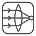 Ray paths in convex lens line icon, optical equipment concept. Vector graphics. Selective focus square sign on white