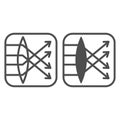 Ray paths in convex lens line and solid icon, optical equipment concept. Vector graphics. Focus, lens and arrows in