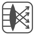 Ray paths in convex lens solid icon, optical equipment concept. Vector graphics. Focus, lens and arrows in square sign