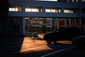 Ray of sun light at sunset on the car park of the Saratov Technical University.