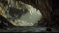 A ray of sunlight shines through the entrance of a dark cave Royalty Free Stock Photo