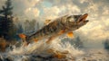 A rayfinned fish leaping out of the water in a nature painting