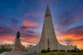 Raykjavik, Iceland - June 30 2018 : Hallgrimskirkja Church At dawn, the twilight sky is beautiful, this is a popular tourist