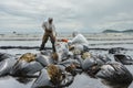 Workers remove and clean up crude oil spilled from Prao Bay