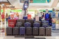 Rayong, Thailand - June 13 2019 : Variety sizes and colors traveling luggages exhibited for sale at shopping mall