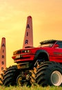Red BMW car 4x4 bigfoot parked on green grass in Air Race 1 World Cup Thailand 2017 at U-Tapao Naval Air Base
