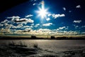 The rays of light, bright sun over the snowy plain with dried grass on the front, the silhouette of a distant city