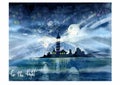 Rays of light from a night lighthouse in the sea with reflection. Acrylic illustration. Handwork, greeting card