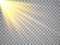 Rays of light on transparent background. Golden spotlight. Vector