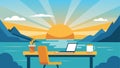 The rays of the morning sun shone upon the freelancers lakeside desk creating a warm and inviting workspace.. Vector Royalty Free Stock Photo