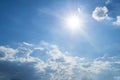Rays of the sun in the blue sky and white clouds. Royalty Free Stock Photo