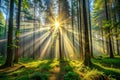 Rays of Sun in Deep Forest Royalty Free Stock Photo