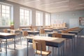 Empty classroom with tables and chairs with big window Royalty Free Stock Photo