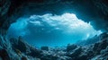 Rays of sunlight shining into the cave blue underwater cave inside view with coral reef AI Generated Royalty Free Stock Photo
