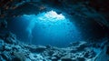 Rays of sunlight shining into the cave blue underwater cave inside view with coral reef AI Generated Royalty Free Stock Photo