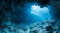 Rays of sunlight shining into the cave blue underwater cave inside view with coral reef AI Generated Royalty Free Stock Photo