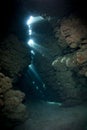 Rays of sunlight in an underwater cave.