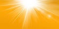 Rays yellow background. Gold sunny sky. Heat sunburs, hot weather. Sunshine orange sky. White warm sunlight. Bright Royalty Free Stock Photo