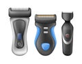 Razor blade realistic set. Shaving razor mockup vibrating razor, trimmer for men.