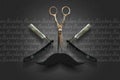 Razor and hairdresser`s scissors against a dark background. Professions. Barber Shop concept