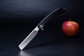 Razor knife and apple. Razor and apple on a black background.