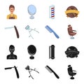 A razor, a mechanical hair clipper, an armchair and other equipment for a hairdresser.Barbershop set collection icons in