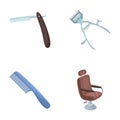 A razor, a mechanical hair clipper, an armchair and other equipment for a hairdresser.Barbershop set collection icons in